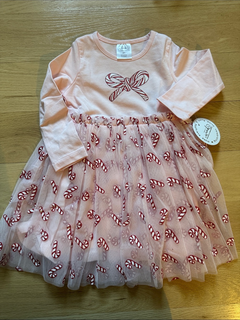 Girls Light Pink Candy Cane Tulle Holiday Dress - Cozy Knit Bodice